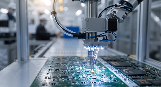 Robotic arm working on a printed circuit board in a factory. Automated machine for electronics manufacturing and microchip assembly. High-tech industrial production