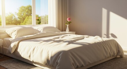 A sunlit bedroom with a made bed next to a window. Bright morning light creating shadows. Cozy home interior for comfort and relaxation