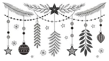 Charming Christmas holiday ornament collection with stars, snowflakes, and festive branches for seasonal designs and winter celebrations, originally a vector