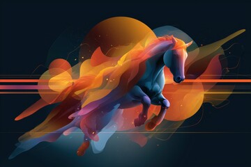 Colorful abstract representation of a horse as symbol year in motion against a vibrant background of shapes and colors. Concept of New Year and Christmas celebration