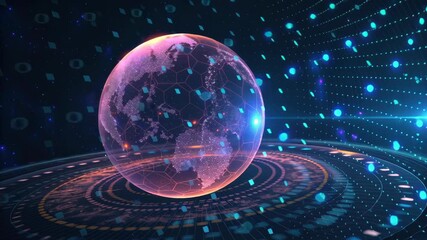 Futuristic digital globe with glowing data nodes and network grid orbiting neon blue and purple, digital globe with glowing network nodes and flowing - Powered by Adobe