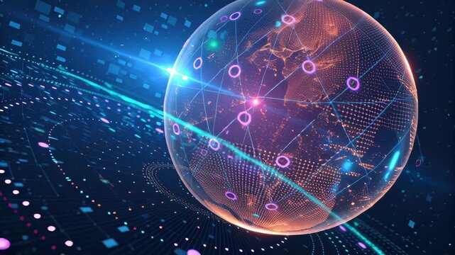Digital globe with neon connection nodes and glowing data streams conveying global network connectivity and futuristic technology visualization with