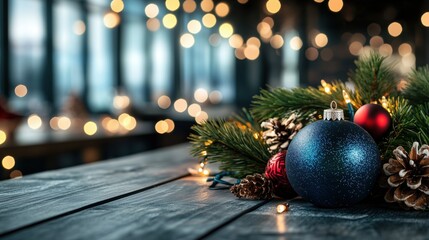 Holiday decoration with ornaments, pine branches, and cozy lights in a festive setting. Concept of New Year and Christmas celebration