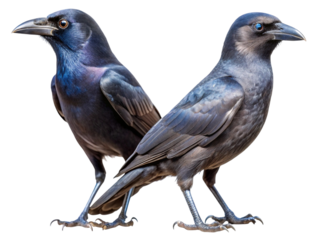 Two distinct crows, iridescent and dark, facing away from each