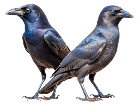 Two distinct crows, iridescent and dark, facing away from each