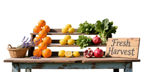 Fresh harvest of citrus fruit, pomegranate, and leafy greens