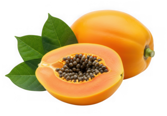 Fresh ripe papaya fruit, one whole and one half with visible seeds, accompanied by green leaves, isolated on transparent background