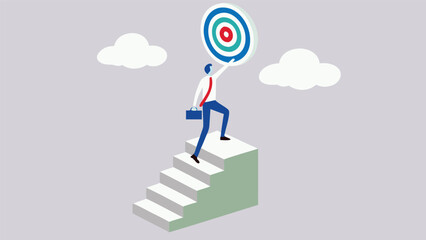 Minimalist vector illustration of a person climbing a geometric structure symbolizing achievement progress and reaching new heights in a clean modern style
