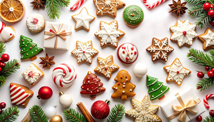 Dulces de navidad en plano cenital con galleta de jengibre, abetos, galletitas y bastones de azúcar sobre fondo blanco