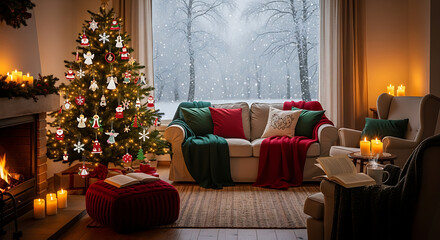 Obraz premium Cozy Christmas Living Room Scene with Decorated Tree and Fireplace.