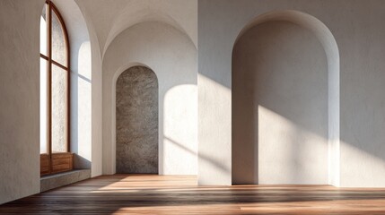 Interior architectural space features arched openings and strong directional sunlight across wooden flooring