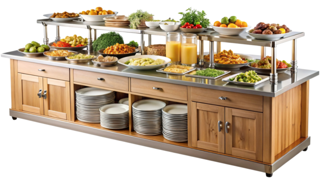 Extensive modern buffet station with various healthy food