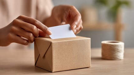 Hands Wrapping Box with Card - Calm, Minimalist Gift Preparation Scene in Warm