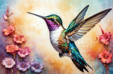 Fototapeta premium Vibrant hummingbird hovering near colorful flowers in a bright, lively garden scene