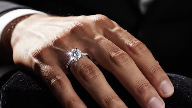 white groom hand with diamond ring closeup, studio-lit black background, sparkling solitaire catching light, formal suit cuff, neat manicure, luxury atmosphere, proposal impression, celebration mood