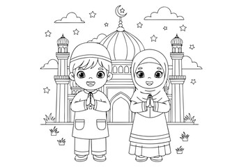 Delightful Muslim Children and Mosque Coloring Pages for Educational and Creative Fun