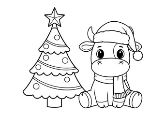 Adorable baby cow and festive Christmas tree outline for kids' coloring pages during winter holidays