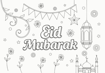Joyful Eid Mubarak Coloring Pages for Kids and Adults, Featuring Islamic Holiday Illustrations for Creative Fun