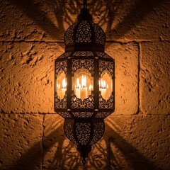 Ornate Moroccan Lantern Casting Shadows on a Textured Wall.