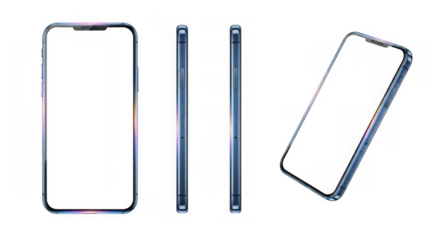 Modern smartphone with blank white screen, shown from front, side, and tilted angles, ideal for mockups and content, isolated on transparent background