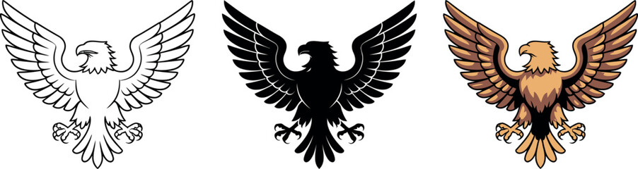 Fototapeta premium Eagle vector illustrations featuring three styles line art silhouette and golden vintage design