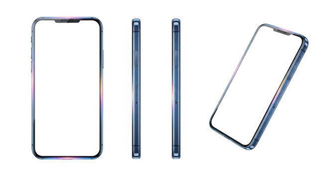 Modern smartphone with blank white screen, shown from front, side, and tilted angles, ideal for mockups and content, isolated on transparent background