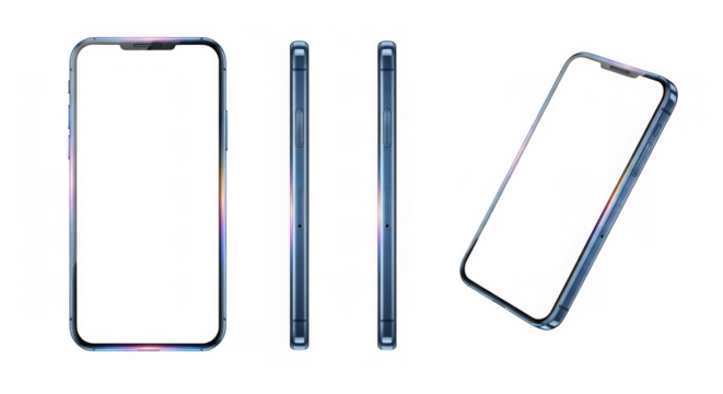 Modern smartphone with blank white screen, shown from front, side, and tilted angles, ideal for mockups and content, isolated on transparent background