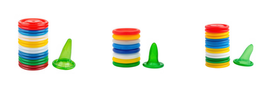 Three stacks of colorful plastic bottle caps with matching plastic spoons isolated on transparent background - Powered by Adobe