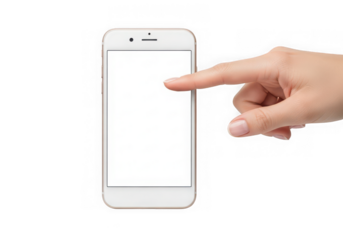 A human hand is shown interacting with a modern smartphone, touching its blank white screen, isolated on transparent background