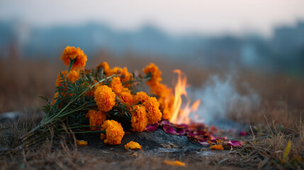 A solemn outdoor cremation scene at dusk: burning orange flames rising from a pile of marigold and rose flowers laid over smoldering ashes, thin smoke drifting into the warm golden