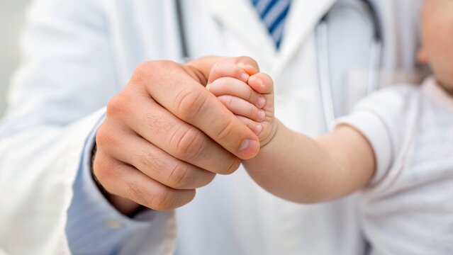 A doctor gently holds a baby's foot, symbolizing care and pediatric health.
