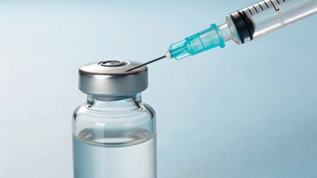 A syringe extracting liquid from a medical vial, showcasing the healthcare and vaccination process.