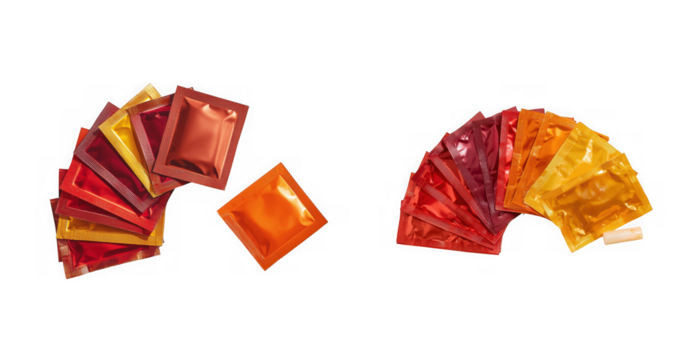 A collection of colorful candy wrappers in red orange and yellow arranged in fan and arch shapes isolated on transparent background