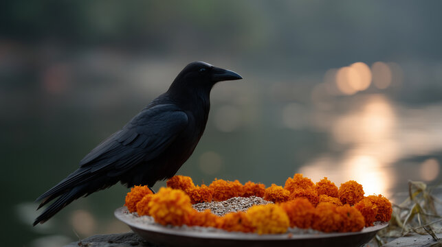 A solitary black raven perched on a round ritual offering plate, surrounded by bright orange marigold flowers placed on a bed of grains. The birdâs glossy feathers catch soft golde