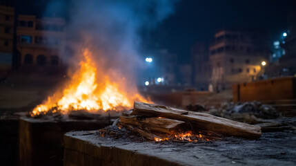 A nighttime scene at Manikarnika Ghat in Varanasi, illuminated by the intense glow of multiple funeral pyres. Large flames rise from stacked wooden logs on elevated stone platforms