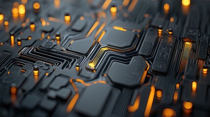 Detailed view of a complex electronic circuit board with intricate pathways and glowing orange lights, suggesting advanced technology and data flow.
