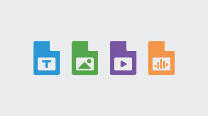 Four document icons in blue green purple and orange representing text image video and audio files