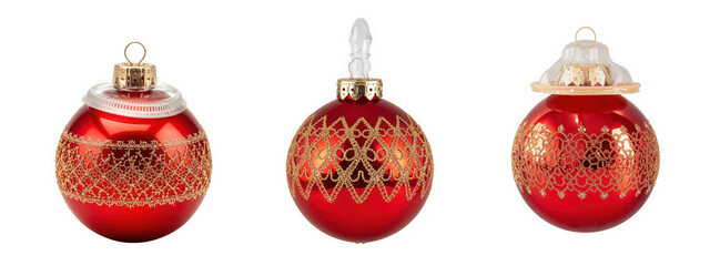 Three vintage red glass christmas ornaments with gold filigree designs isolated on transparent background
