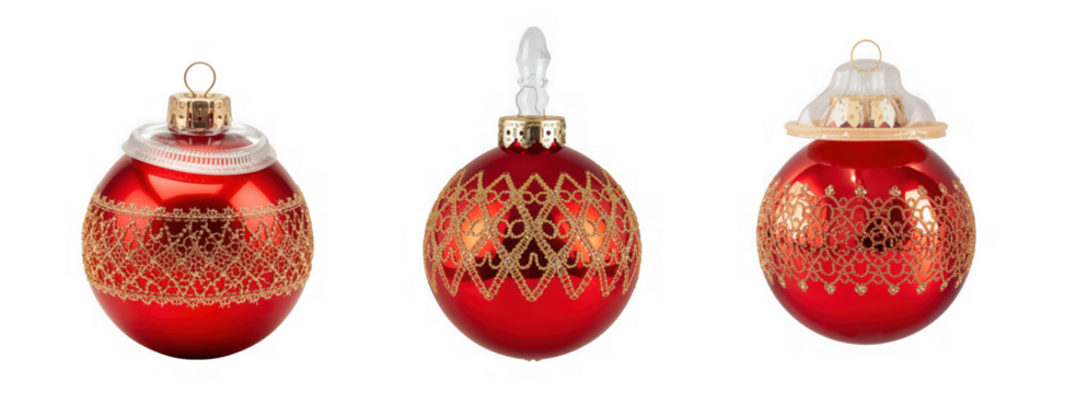 Three vintage red glass christmas ornaments with gold filigree designs isolated on transparent background