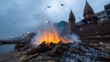 A dramatic scene at Manikarnika Ghat in Varanasi, capturing the ancient cremation rites along the sacred Ganges River. A funeral pyre burns intensely in the foreground, flames risi