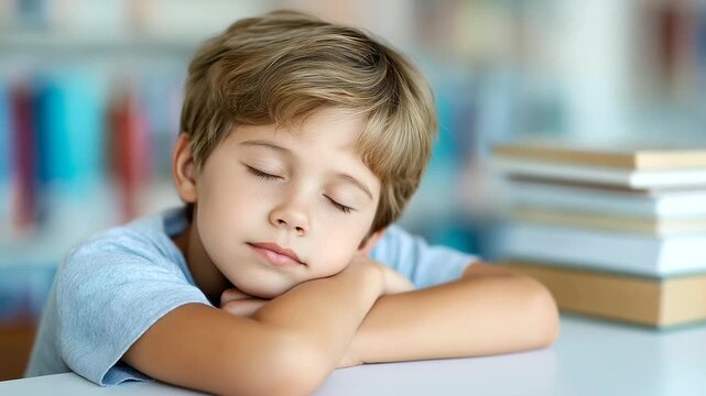 Young boy closed eyes resting defocused head on hand, faceless bored tired, library visualization detail, blurred books background, studying concept, exhaustion interface, desk dis