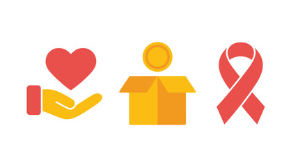 Illustration of hand holding heart, box with coin, and red ribbon on a white background design