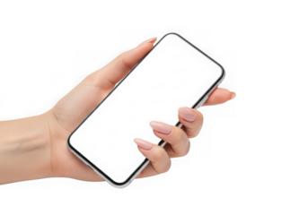 A female hand holds a modern smartphone with a blank white screen, ready for custom content, isolated on transparent background