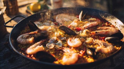 A close-up of a traditional seafood paella with shrimp, mussels, and clams.