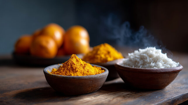 A close-up ceremonial offering arrangement inspired by Pitru Paksha traditions in India. On a rustic wooden surface sit small clay bowls filled with bright turmeric powder and fres