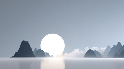 Abstract moon disc product display stand against a minimalist landscape background