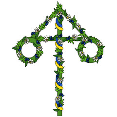 Obraz premium Decorated midsummer maypole covered with leaves and flowers, symbolizing Swedish midsummer traditions and summer festivities.