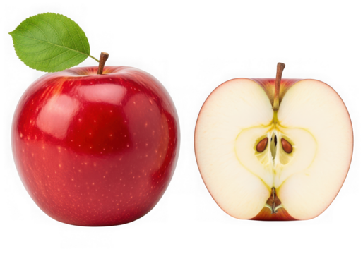 Whole red apple with green leaf and a halfcut apple showing core and seeds, symbolizing freshness and healthy eating, isolated on transparent background
