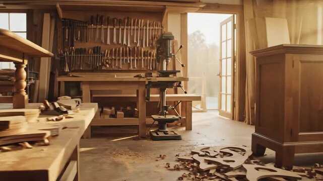 Classic Woodworking Workshop Bathed in Warm Morning Light.