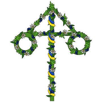 Decorated midsummer maypole covered with leaves and flowers, symbolizing Swedish midsummer traditions and summer festivities.